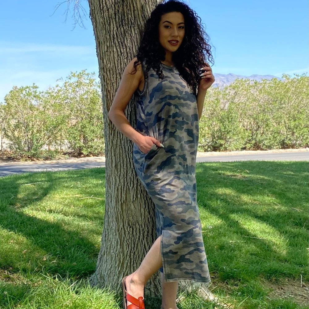 Camo Casual Sleeveless Split Midi Maxi Dress with Pockets